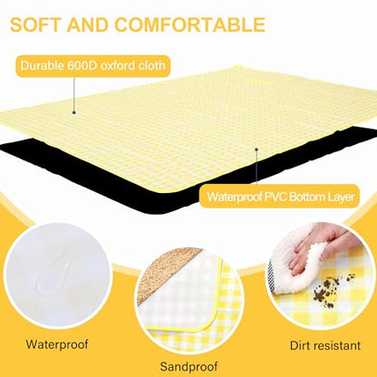 HX&OD Picnic Blanket Outdoor Extra Large Picnic Mat 80"X60" Camping Blanket Beach Blanket Foldable Waterproof Sand Mat Hiking Travel Family Concerts(Yellow) - color: Yellow, size: 80”x 60”
