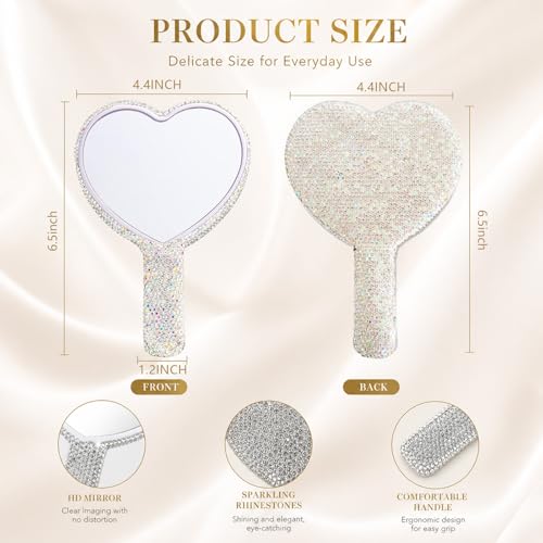 Wowagoga Sparkling Rhinestone Heart Shaped Handheld Mirror Heart Mirror Cosmetic Hand Mirror with Handle Cute Hand Mirror for Women Girls(White)