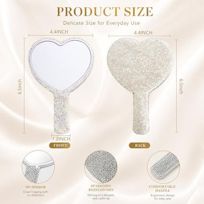 Wowagoga Sparkling Rhinestone Heart Shaped Handheld Mirror Heart Mirror Cosmetic Hand Mirror with Handle Cute Hand Mirror for Women Girls(White)