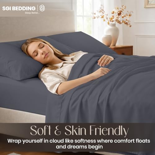 SGI bedding 100% Egyptian Cotton Sheets Full XL Size – Cooling Sheets, Soft Breathable Dark Grey Bedding, Luxury Bedding, Luxury Hotel Sheet Set, Deep Pocket 16", 4 Piece Set - color: 03 - Dark Grey, size: Full XL