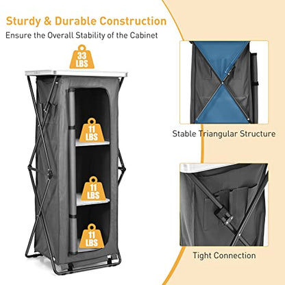 Goplus Folding Camping Storage Cabinet, Pop Up Outdoor Camping Kitchen Station with Large 3-Tier Storage Organizer, Carry Bag, Easy Set Up Portable Compact Camping Table for BBQ Picnic Backyard (55'') - size: 55''