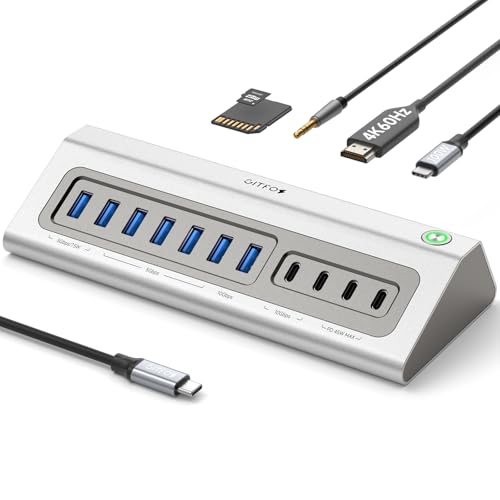 Giftos Powered USB Hub, 18 in 1 USB 3.2 Hub with 4K HDMI,PD 100W,45W Charge,10Gbps USB,SD/TF,Audio, 65W Adapter,3.3FT Cable,Aluminum,Smart Button, USB Hub for PC,Mac,Mac mini, iMac,iPhone 17/16,iPad - size: 18 IN 1