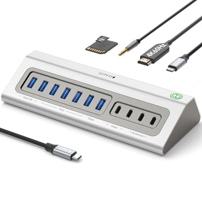 Giftos Powered USB Hub, 18 in 1 USB 3.2 Hub with 4K HDMI,PD 100W,45W Charge,10Gbps USB,SD/TF,Audio, 65W Adapter,3.3FT Cable,Aluminum,Smart Button, USB Hub for PC,Mac,Mac mini, iMac,iPhone 17/16,iPad - size: 18 IN 1