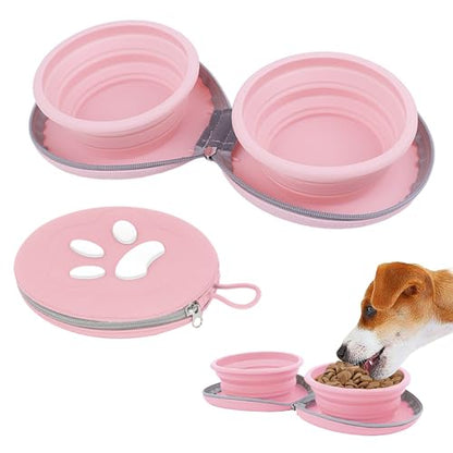 Collapsible Dog Bowls, 2-in-1 Pet Portable Travel Double Bowl Water Food Feeder Traveling Camping & Walking 25oz Pink - color: Pink