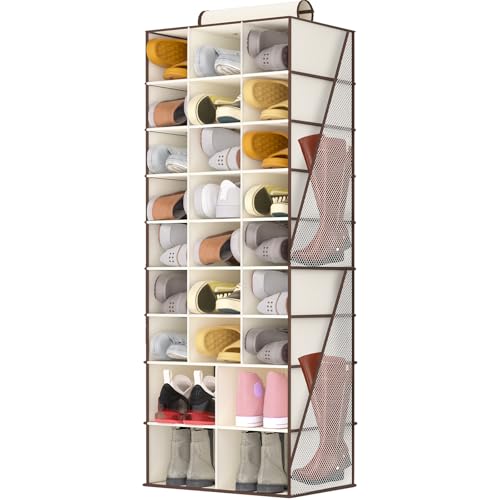 Hanging Shoe Organizer for Closet-Collapsible Storage Rack with 25 Sections & 4 Side Pockets, Hanging Shoe Shelves for Hats,and Clothes, Beige - color: Beige, size: 25 Pockets-Closet Hanging