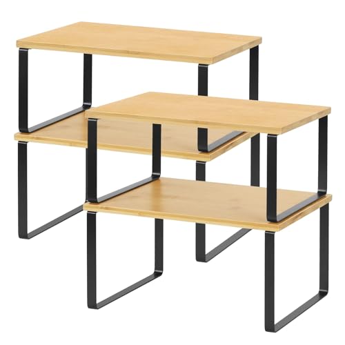 NEX Cabinet Organizer Shelf Set of 4, Stackable Kitchen Counter Shelves, Expandable Spice Rack Pantry Organizers, Bathroom Cupboard Storage Desk Riser, Bamboo and Metal, Black - color: Black + Natural Beige, size: 11.7''W