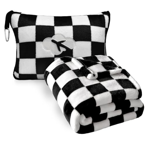 Travel Blanket and Pillow Compact, Premium Soft 2 in 1 Airplane Blanket with Soft Bag Pillowcase，Hand Luggage Sleeve and Backpack Clip (Checkered Black) - color: Checkered Black