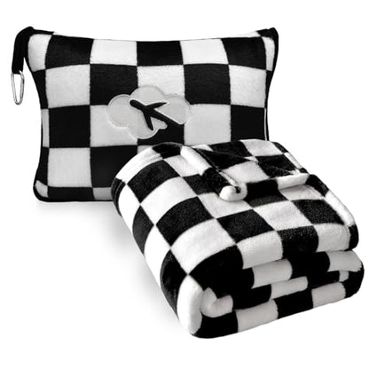 Travel Blanket and Pillow Compact, Premium Soft 2 in 1 Airplane Blanket with Soft Bag Pillowcase，Hand Luggage Sleeve and Backpack Clip (Checkered Black) - color: Checkered Black