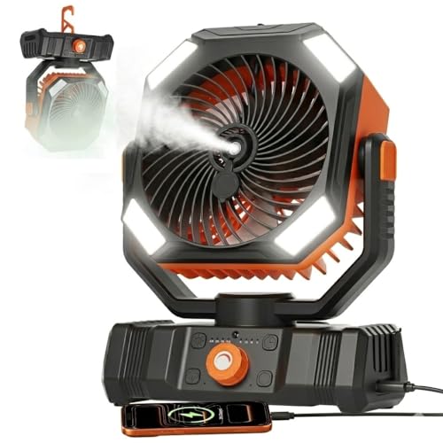 USONE Misting Fan, Portable Camping Fan Rechargeable, Battery Powered Fan for Camping with Light, Remote & Timer, Hanging Tent Fan with Hook for Outdoor fishing, Travel, Work/Summer Essential - color: Orange, size: 10000mAh