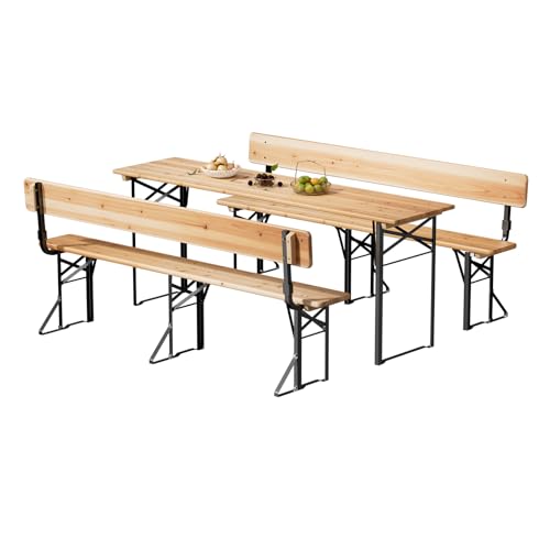 VINGLI 70 Inch Folding Picnic Tables and Chair Set with Backrest Bench, Weather-Resistant Wooden Beer Garden Table Bench, 3-Piece Portable Fold Up Camping BBQ Table,Natural Wood Color - color: Natural Wood Color, size: 6FT with Backrest