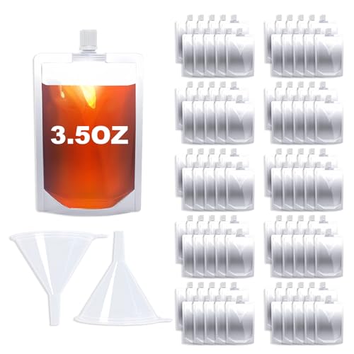 100PCS 3.5OZ Plastic Flasks,Reusable Drink Pouches with Funnel,Spouted Drinking Bags for Liquid Beverage Juice,Leak-Proof Food Grade for Travel Outdoor Sports Concert Cruise Events - color: 3.5OZ 100PCS+2 Funnel