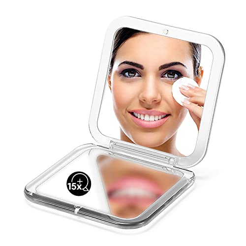 OMIRO Folding Compact Mirror, 1X/15X Magnification 3½” Pocket Size Square Hand Mirror for Travel Makeup (Silver) - color: Silver-15x