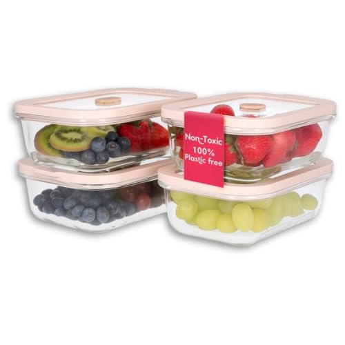 Ziruma Non-Toxic Glass Food Containers with Lids, 4-Pack, 21 oz, Beige | Plastic & BPA free. Glass body, glass lid & platinum silicone seal. Airtight & leakproof. Freezer & microwave safe - size: 21 Oz