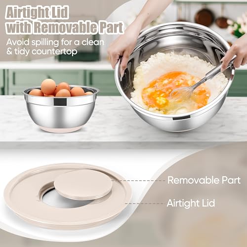 E-far Stainless Steel Mixing Bowls with Lids Set, 5-Piece Nesting Salad Bowls with 3 Grater Attachments and Non-Slip Bottoms, Size 4.6, 2.6, 2, 1.5, 1QT for Kitchen (Khaki) - color: Khaki, size: 5 Regular Sizes