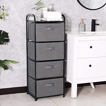 MAX Houser 4 Drawer Fabric Dresser Tall Storage Tower, Dresser Chest with Wood Top, Vertical Nightstand Side Organizer Unit with Metal Frame for Closets Bedroom Nursery Room Hallway(Leaden) | , Dresser Chest with Wood Top, Vertical Nightstand Side Organiz