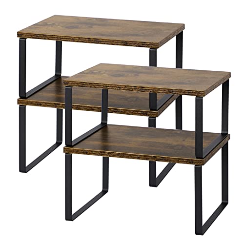 NEX Kitchen Cabinet and Counter Shelf Organizer, Shelf Riser for Pantry Countertop Cupboard Desk Top, Stackable & Expandable, Set of 4, Black and Rustic Brown - color: Black + Rustic Brown, size: 11.7''W