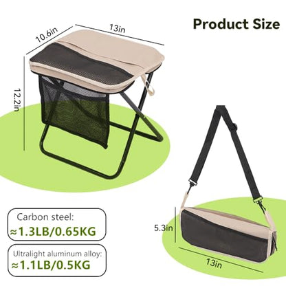 2 Pack Portable Folding Stools, Collapsible Backpack Stool with 3 Storage Pouches, Camping Chair Outdoor Seats Foot Rest, Ultralight for Hiking, Fishing, Camping, Festivals, Large 13"x10.62"x12.2"