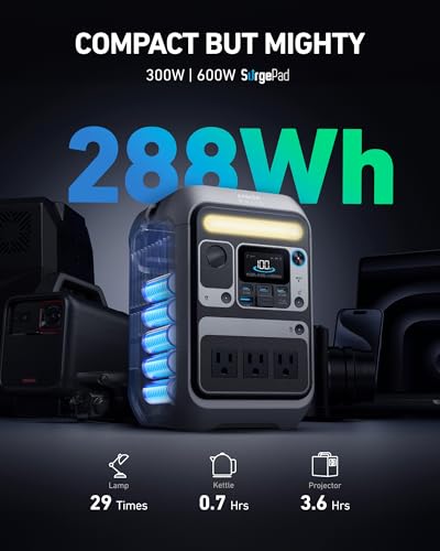 Anker Solar Generator SOLIX C300 with 60W Solar Panel, 288Wh Portable Power Station, 300W (600W Surge), LiFePO4 Battery, 140W Two-Way Fast Charging, for Outdoor Camping, Traveling, and Emergencies - style: 60W Solar Panel + C300