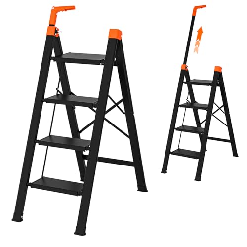 4 Step Ladder with Single-Handrail,Lightweight Aluminum 4 Step Ladder,600lbs Max Load Heavy Duty Step Stool for Kitchen,Home,Office - color: Orange, size: 4 steps