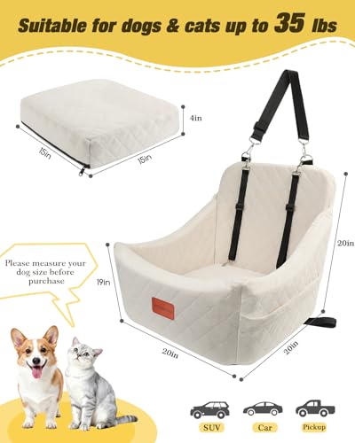 WOOAIDAGG Dog Car Seat for Medium Sized Dog,Pet Travel Car Bed with Seat Belt Channle,Fully Detachable and Washable Car Dog Seat with Adjustable Straps,3 Straps Easy to Install (Beige) - color: Beige