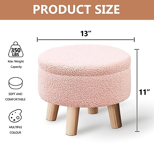 Wimarsbon Storage Ottoman, Modern Round Footrest with Soft Padded Seat, Teddy Velvet Footstool with Wood Legs, Accent Small Table or Plant Stand for Hallway, Living Room (Pink) - color: Pink