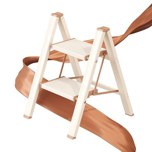 2 Step Ladder, Folding Step Stool with Wider Pedal, Anti-Slip Feet & Non Slip Stripes, Aluminum Sturdy Material, 300Lbs Capacity, Elegant Look of Cream Chocolate Better Matches Your Home - color: Cream Chocolate, size: 2 Step