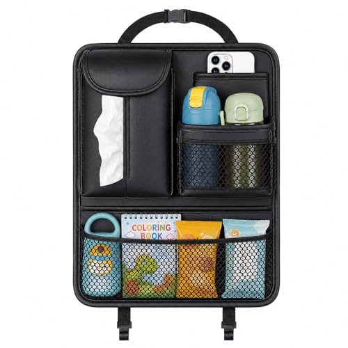 Backseat Car Organizer for Kids and Family Travel, Seat Protector with 5 Storage Pockets, Holds Snacks Drinks Toys, Easy Install for Car SUV Truck, Waterproof Organizer - color: Black