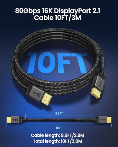 Silkland 80Gbps DisplayPort Cable 2.1 10FT/3M, [16K@60Hz, 8K@240Hz, 4K@540Hz 360Hz 240Hz] DP 2.1 Cable 16K, DP80 HDR DSC Display Port Cord Compatible DP 1.4 FreeSync G-Sync Gaming Monitor 5090 9070XT - size: 10 Feet