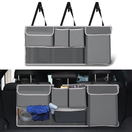 UYYE Trunk Hanging Organizer, Backseat Storage Bag, Collapsible Car Interior Accessories with 4 Pockets & 2 Mesh Pouches for Tools, Provide More Storage Trunk Space for SUV, Jeep, MPVs (Grey) - color: Grey