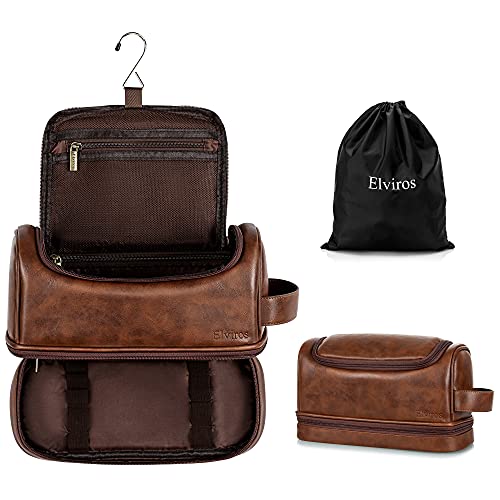 Elviros Toiletry Bag for Mens PU Leather Travel Organizer Kit with Hanging hook, Large Water-resistant Toiletries Bathroom Shaving Bags (Extra Large, Dark Brown) - color: Dark Brown, size: Extra Large (Pack of 1)