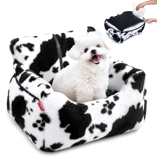 BurgeonNest Dog Car Seat for Small Dogs, Detachable and Washable Cat Carseats Under 25 lbs, Soft Pet Booster Seats with Storage Pockets and Clip-On Leash Portable Car Travel Carrier Bed, Milk Cow - color: Milk Cow, size: Small