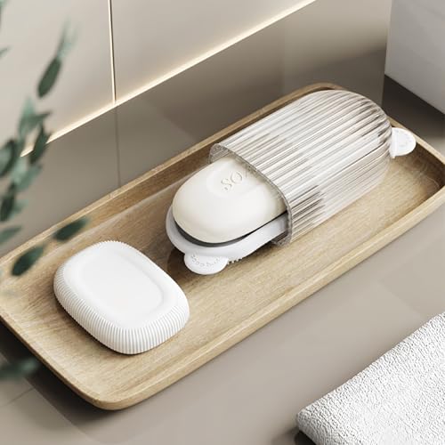 Travel Soap Case Container Leakproof Bar Soap Box with Lid Soap Holder with Draining Layer and Silicone Brush Portable Soap Dishes for Traveling Camping Gym Shower Outdoor (White) - color: White