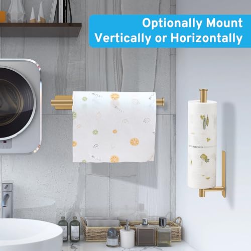 2nd Gen Paper Towel Holder Under Cabinet No Drilling, [More Sturdy] Self Adhesive or Drilling Paper Towel Holder Wall Mount for Kitchen, RV, [Fit Mega Paper Towel Roll] SUS304 Stainless Steel - color: Gold