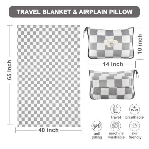 Travel Blanket and Pillow Compact, Premium Soft 2 in 1 Airplane Blanket with Soft Bag Pillowcase，Hand Luggage Sleeve and Backpack Clip (Grey Checkered) - color: Checkered Grey