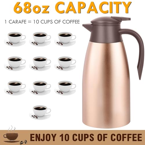 68oz Thermal Coffee Carafe, 2 Pack Airpot Insulated Coffee Urns Stainless Steel Vacuum Thermal Pot Dispenser for Coffee, Hot Water, Tea, Hot Beverage - Keep 12 Hours Hot, 24 Hours Cold (Rose Gold) - color: Gold Gold