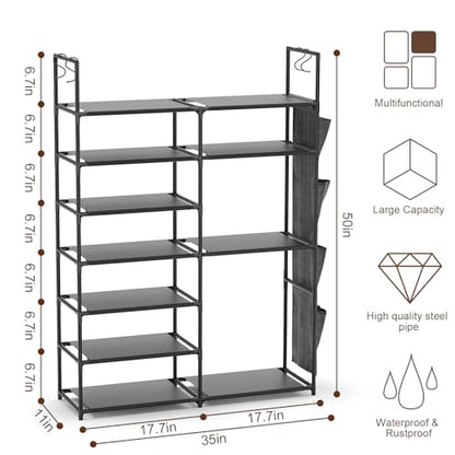 Kottwca 7 Tiers Shoe Rack Metal Shoe Organizer for Entryway Closet, 24-28 Pairs Stackable Shoe and Boots Shelf Storage Cabinet with Hooks and Side Hanging Pockets for Bedroom, Garage, Black - size: 2 Row 7 Tier