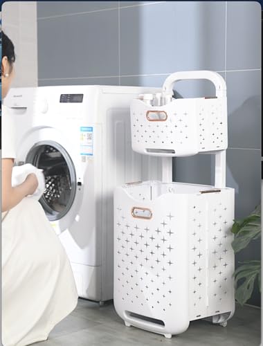 Collapsible Laundry Basket Organizer, 2-Tier Foldable Laundry Sorter with Wheels & Wall Mount, Space-Saving Slim Laundry Hamper with Removable Bins, 80L Capacity for Bathroom, Dorm & Small Spaces - size: 2-Tier