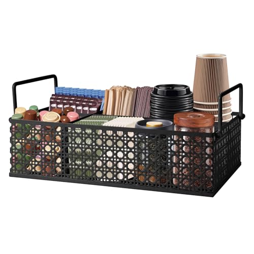 Coffee Bar Organizer, Metal Countertop Station With Handles, Coffee Pods Holder, Tea Condiment Organizer, Mesh Black - style: Mesh Black -4 compartments