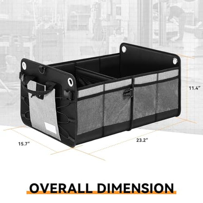 Auto Dynasty Collapsible Car Trunk Organizer, Grey Foldable Cargo Storage Container with Water Resistant Fabric for Car Accessories, SUV, Van, Tools, 2 Compartments