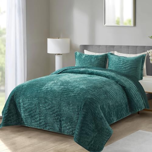 HoneiLife Queen Size Quilt Sets - Velvet Quilt for Queen Beds, Lightweight Bedspreads Solid Coverlets Queen Quilt Bedding Sets 3-Pieces, Blue-Green - color: Blue-green-velvet, size: Queen/Full-90"x96"