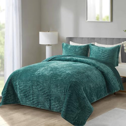 HoneiLife Queen Size Quilt Sets - Velvet Quilt for Queen Beds, Lightweight Bedspreads Solid Coverlets Queen Quilt Bedding Sets 3-Pieces, Blue-Green - color: Blue-green-velvet, size: Queen/Full-90"x96"