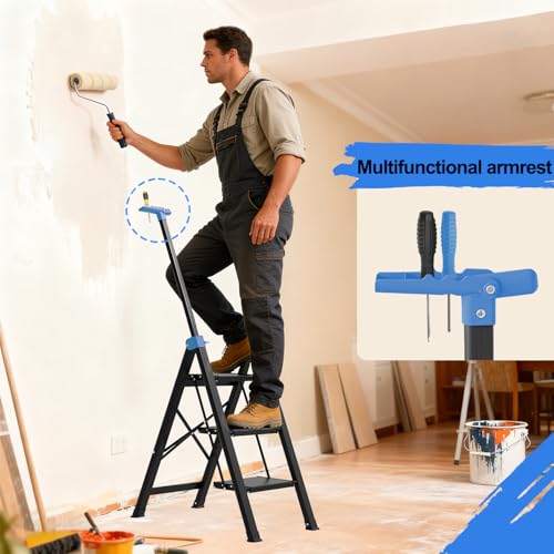 3 Step Ladder,Step Stool Foldable with Single-Handrail,Step Ladder with Anti-Slip Pedals for Home Kitchen Closet,Aluminum Sturdy Material,600lbs Max Load Capacity (Blue) - color: Blue, size: 3 steps