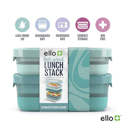 Ello 2-Pack Lunch Stack Plastic Food Storage Container Bento Box with Airtight, Leak-Proof Locking Plastic Lids and Silicone Base, BPA-Free, Freezer, Microwave, and Dishwasher Safe, Mint Chip - color: Mint Chip