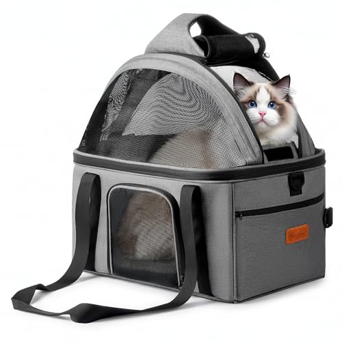 BurgeonNest Top-Expandable Large Cat Carrier, Soft-Sided Cat Bag Carrier for Medium & Large Cats Up to 15 lbs, Upgraded Small Dog Car Seat, Pet Travel Bag with Full-Open Canopy - size: Medium-Full-Open