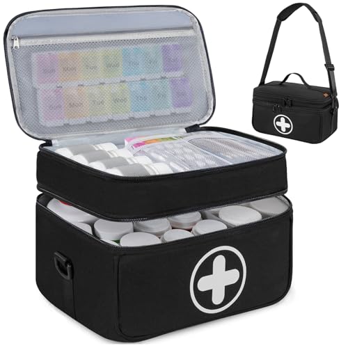 Medicine Organizer Bag, 2 Layer Pill Bottle Organizer Storage Bag Empty, Lockable Medicine Travel Bag with Adjustable Divider, Suitable for Pills, Vitamins, Fish Oil,Medical Supplies - color: Black