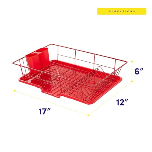 Sweet Home Collection Space-Saving 3-Piece Dish Drainer Rack Set: Efficient Kitchen Organizer for Quick Drying and Storage - Includes Cutlery Holder and Drainboard - Maximize Countertop Space, Red - color: Red