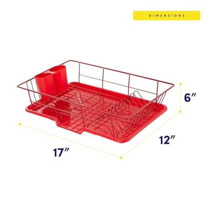 Sweet Home Collection Space-Saving 3-Piece Dish Drainer Rack Set: Efficient Kitchen Organizer for Quick Drying and Storage - Includes Cutlery Holder and Drainboard - Maximize Countertop Space, Red - color: Red