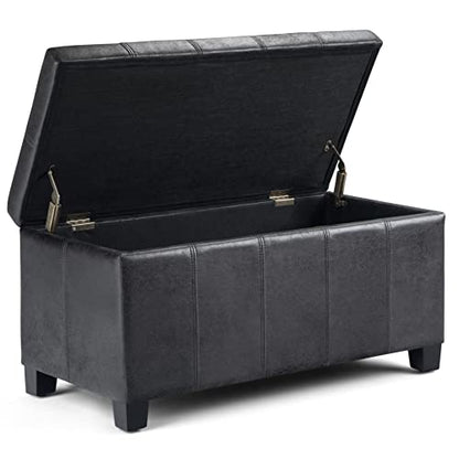 SIMPLIHOME Dover Storage Ottoman Bench - 36 inch Wide Upholstered Vegan Leather Rectangular Lift-Top Ottoman in Distressed Black, Contemporary Bench for Living Room with Safety Hinges - color: Distressed Black