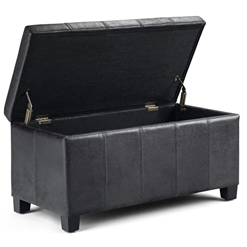 SIMPLIHOME Dover Storage Ottoman Bench - 36 inch Wide Upholstered Vegan Leather Rectangular Lift-Top Ottoman in Distressed Black, Contemporary Bench for Living Room with Safety Hinges - color: Distressed Black