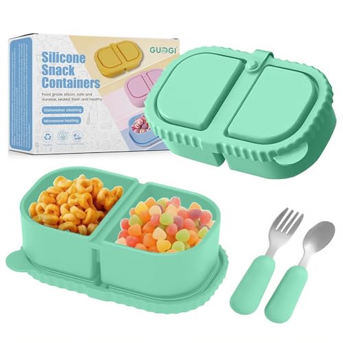 Silicone Snack Containers for Kids, Green, 8.5Oz, 2-Compartment | Includes Spoon and Fork, BPA Free, Leak Proof, Great for Toddler/Kid/Adult Meal Prep - color: green